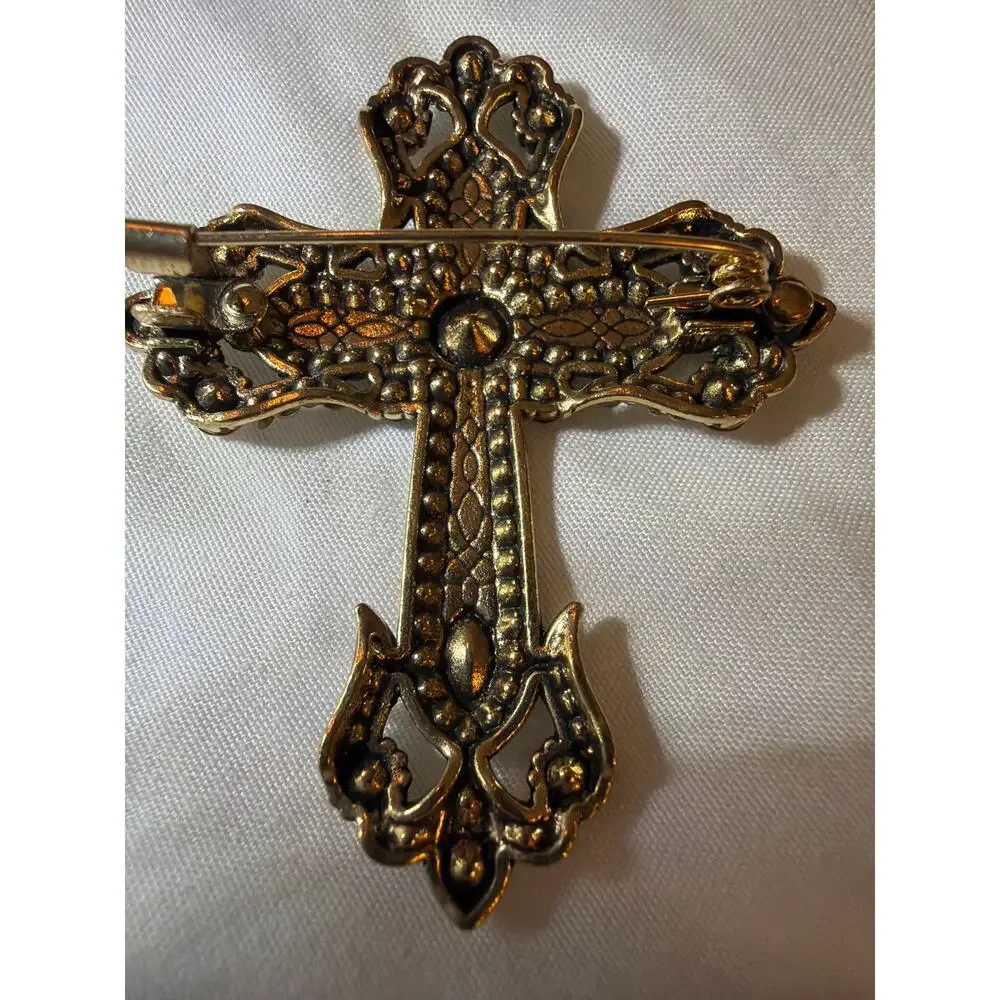 Vintage Gold Tone Cross Brooch Amber Clear Rhinestone Filigree Religious Pin